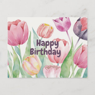 Cartão Postal Feliz Aniversário Aquarela Tulipas Abstrato Floral