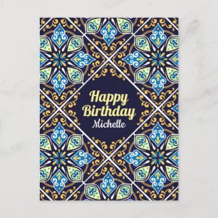 Cartão Postal Feliz Aniversário, azul personalizável Azulejos 