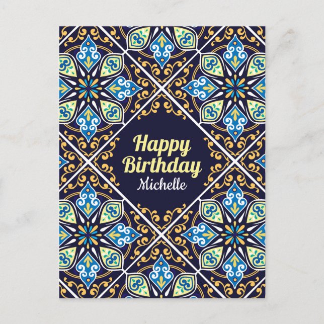 Cartão Postal Feliz Aniversário, azul personalizável Azulejos (Frente)