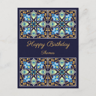Cartão Postal Feliz Aniversário, azul personalizável Azulejos, P