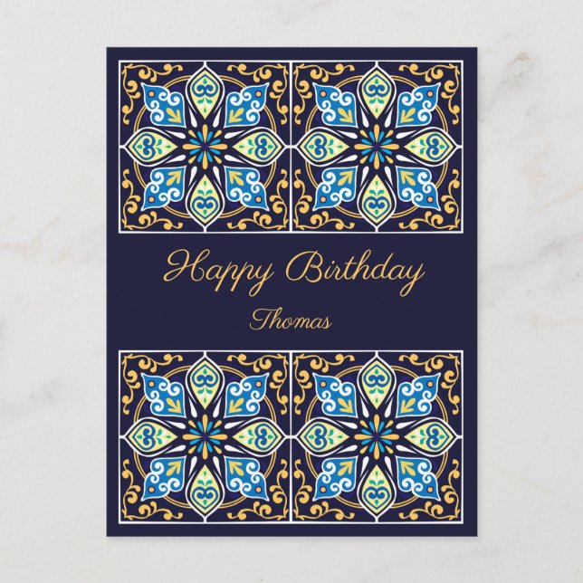 Cartão Postal Feliz Aniversário, azul personalizável Azulejos, P (Frente)
