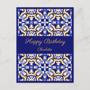 Cartão Postal Feliz Aniversário Azulejos azuis personalizáveis