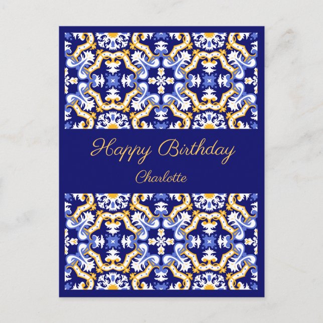 Cartão Postal Feliz Aniversário Azulejos azuis personalizáveis (Frente)