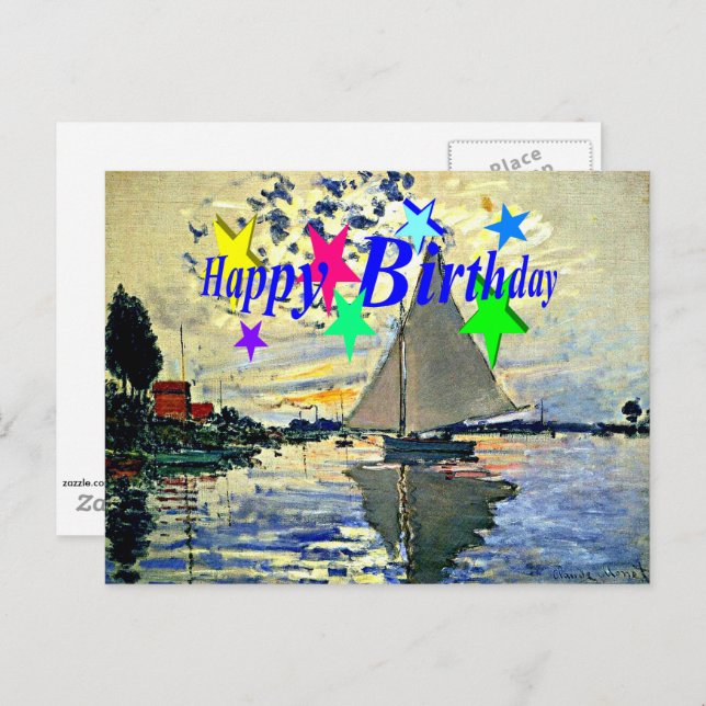 Cartão Postal Feliz Aniversário, Barco à vela em le Petit Gennev (Frente/Verso)