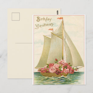 Cartão Postal Feliz Aniversário Barco à Vela Vintage Cheio de Ro