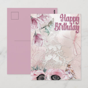 Cartão Postal Feliz Aniversário Beija-Flor Lavendar