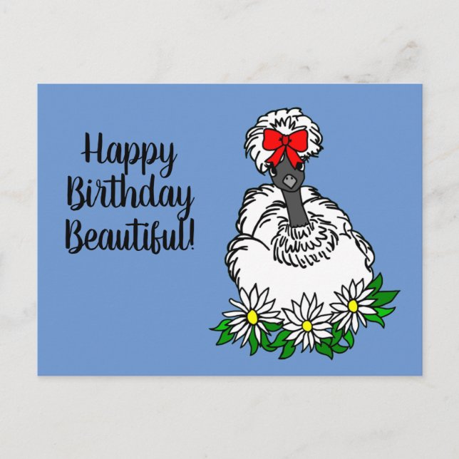 Cartão Postal Feliz Aniversário Bela Galinha Silkie Garota de Pr (Frente)