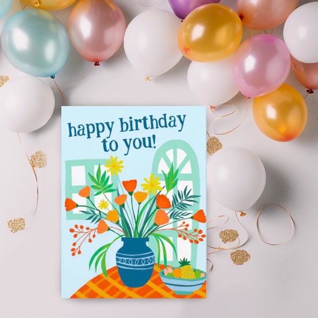 Cartão Postal FELIZ ANIVERSÁRIO Bela Jarra de Flores Customizáve (Sweet happy birthday postcard with drawing of a vase full of flowers. Add your own text to customize)