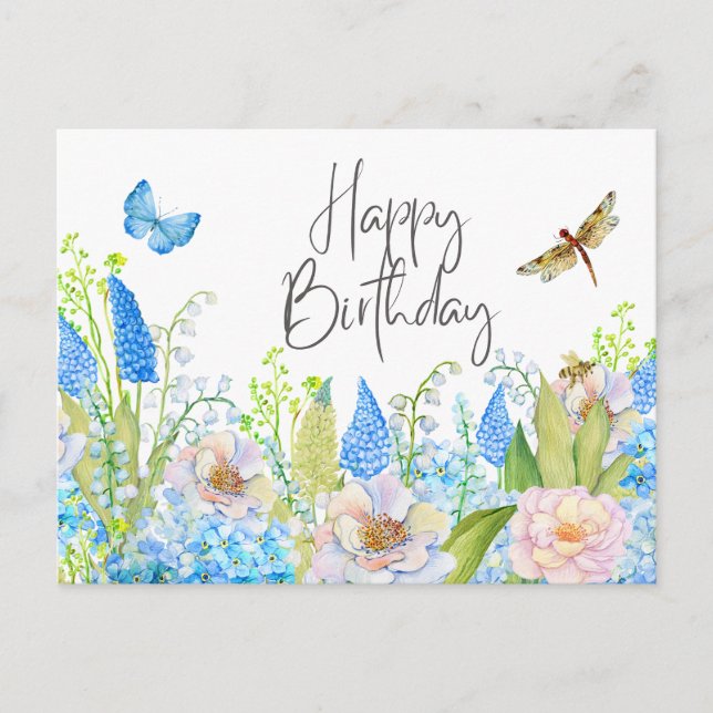 Cartão Postal Feliz Aniversário Belas Flores Aquareladas Selvage (Frente)