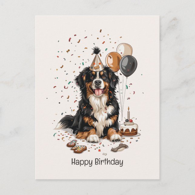 Cartão Postal Feliz Aniversário Bernese Mountain Dog (Frente)