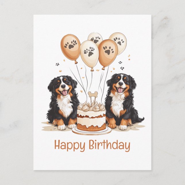 Cartão Postal Feliz Aniversário Bernese Mountain Dogs (Frente)