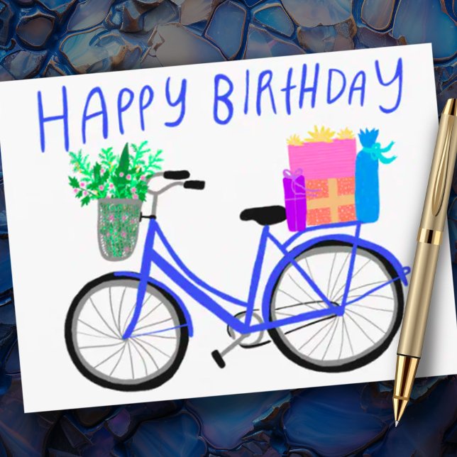 Cartão Postal FELIZ ANIVERSÁRIO Bicicleta Azul Fofa Personalizad (Custom happy birthday postcard with a cute blue bicycle design)