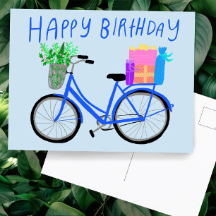 Cartão Postal FELIZ ANIVERSÁRIO Bicicleta Azul Fofa Personalizad