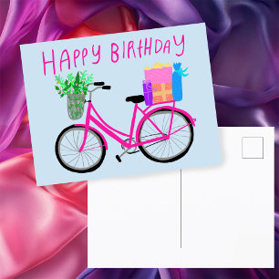 Cartão Postal FELIZ ANIVERSÁRIO Bicicleta Rosa Bonita Personaliz