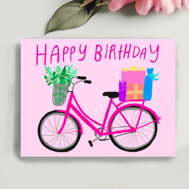 Cartão Postal FELIZ ANIVERSÁRIO Bicicleta Rosa Bonita Personaliz (Happy birthday cheerful pink bicycle with gifts and flowers. Add your own text customize  postcard)