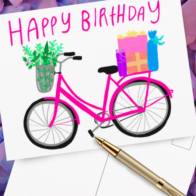 Cartão Postal FELIZ ANIVERSÁRIO Bicicleta Rosa Bonita Personaliz (Happy Birthday card with cute bicycle illustration)