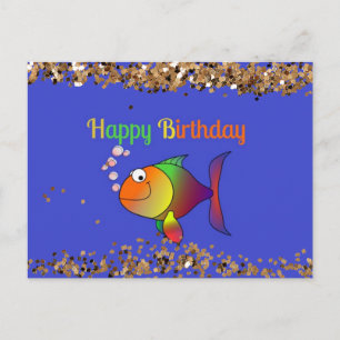 Cartão Postal Feliz Aniversário, Bolhas o Peixe com Dourado Empo