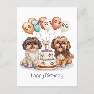 Cartão Postal Feliz Aniversário Bolo de Aniversário de Cães Shih