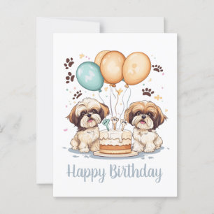 Cartão Postal Feliz Aniversário Bolo de Aniversário de Cães Shih