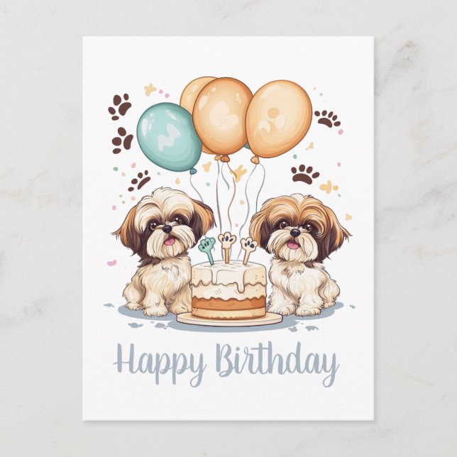 Cartão Postal Feliz Aniversário Bolo de Aniversário de Cães Shih (Frente)