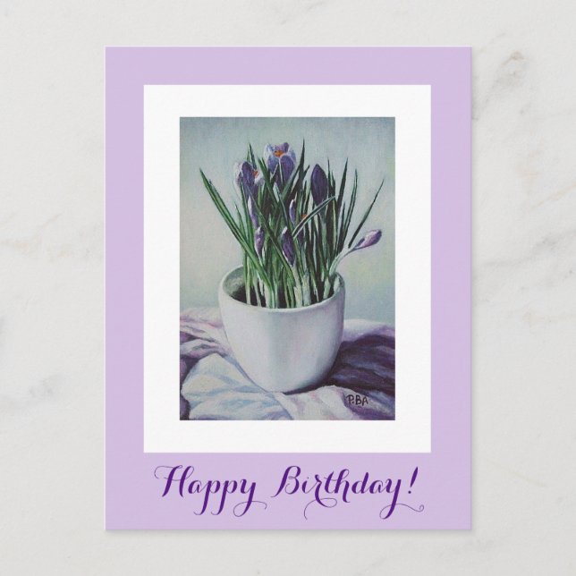Cartão Postal Feliz aniversário, bonito roxo, crocus floral (Frente)