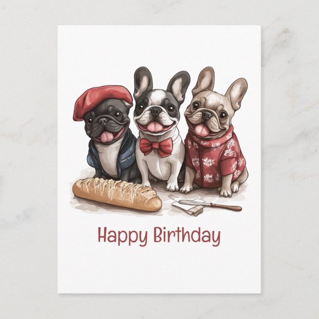 Cartão Postal Feliz Aniversário Bonjour Bulldogues Franceses (Frente)