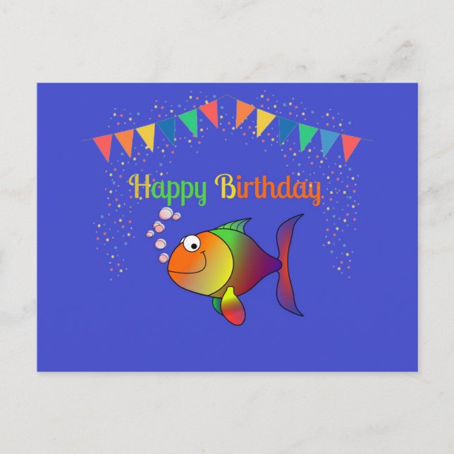 Cartão Postal Feliz Aniversário, Bubbles the Fish popular design (Frente)