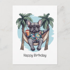 Cartão Postal Feliz Aniversário Bulldog Francês em Top Havaiano