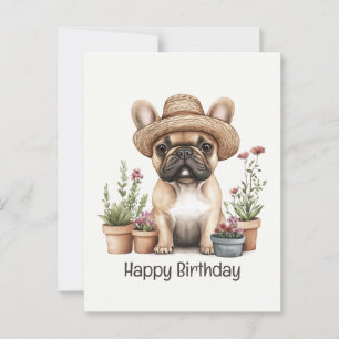 Cartão Postal Feliz Aniversário Bulldog Francês Jardim Vaso de F