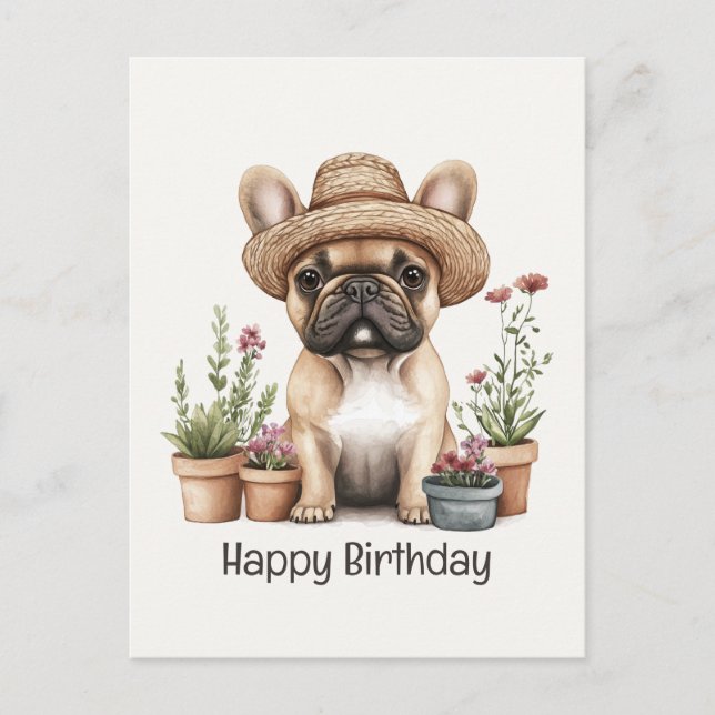 Cartão Postal Feliz Aniversário Bulldog Francês Jardim Vaso de F (Frente)