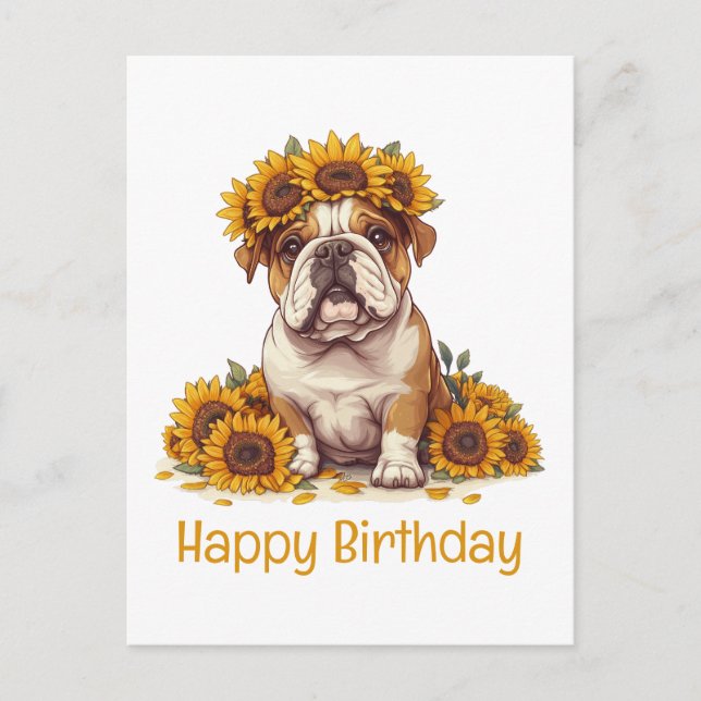 Cartão Postal Feliz Aniversário Bulldog Inglês Coroa de Girassói (Frente)