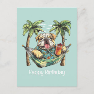 Cartão Postal Feliz Aniversário Bulldog Inglês em Top Havaiano