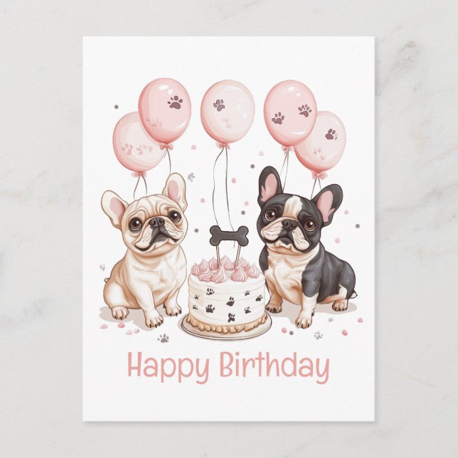 Cartão Postal Feliz Aniversário Bulldogs Franceses Bolo de Anive (Frente)