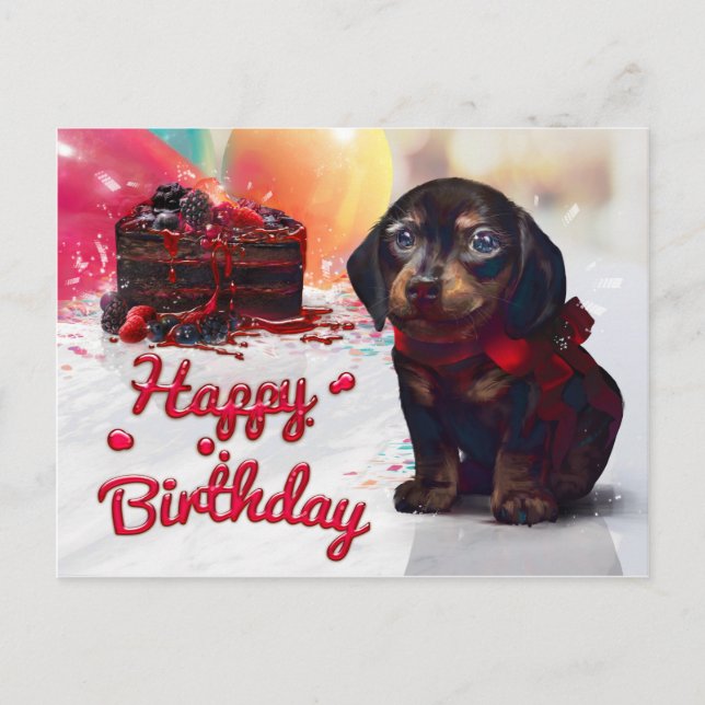 Cartão Postal Feliz Aniversário Cachorro Bonito com Bolo (Frente)