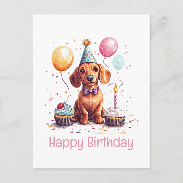 Cartão Postal Feliz Aniversário Cachorro Dachshund  (Frente)