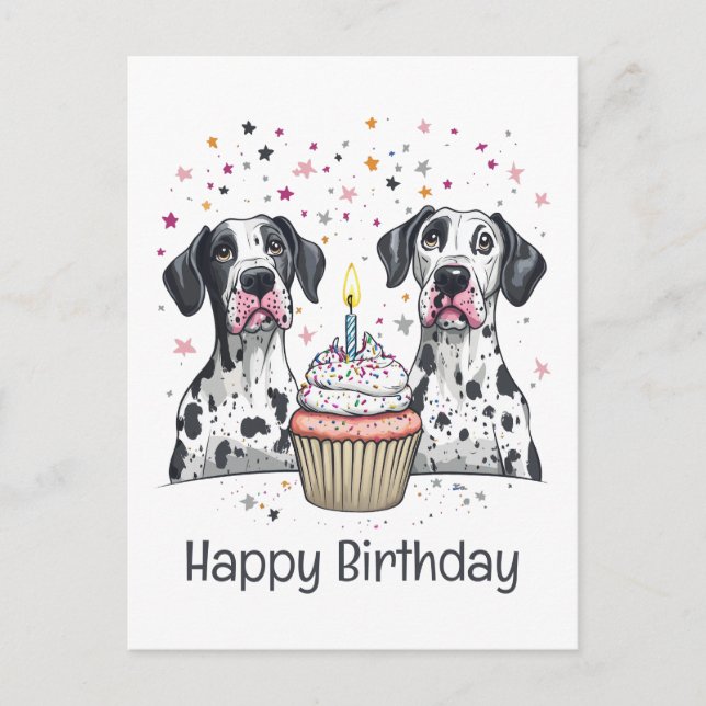 Cartão Postal Feliz Aniversário Cachorro Dogue Alemão Cupcake (Frente)