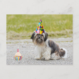 Cartão Postal Feliz Aniversário Cachorro Fofo com Cupcake