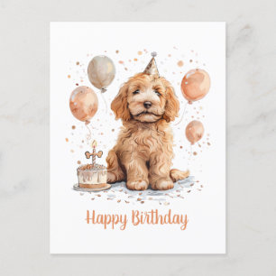Cartão Postal Feliz Aniversário Cachorro Goldendoodle Bolo de An