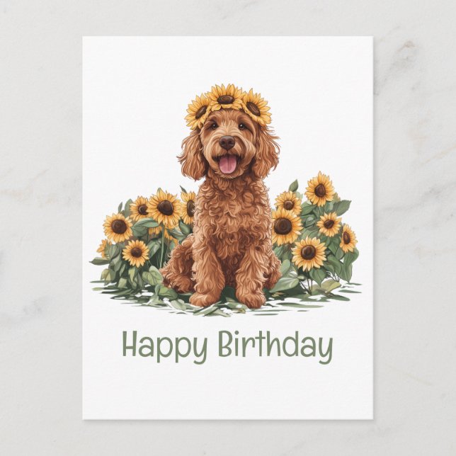 Cartão Postal Feliz Aniversário Cachorro Goldendoodle Coroa de G (Frente)