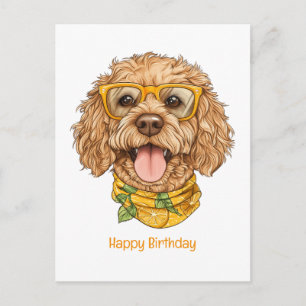 Cartão Postal Feliz Aniversário Cachorro Goldendoodle Óculos de 