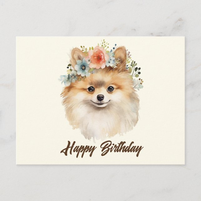 Cartão Postal Feliz Aniversário Cachorro Pomerânia Fofo com Flor (Frente)