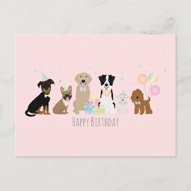 Cartão Postal Feliz aniversário Cachorros Rosa (Frente)