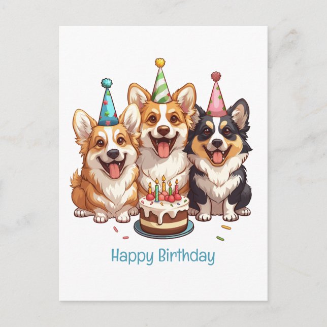Cartão Postal Feliz Aniversário Cães Corgi (Frente)