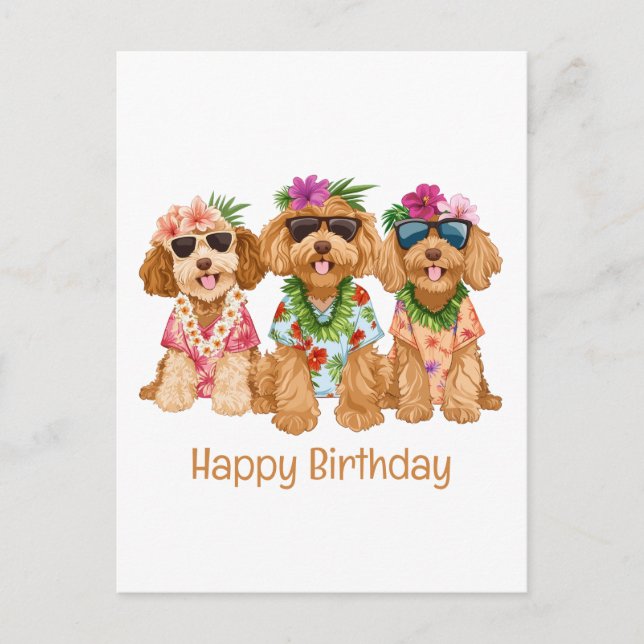 Cartão Postal Feliz Aniversário Cães GoldenDoodle Havaianos (Frente)