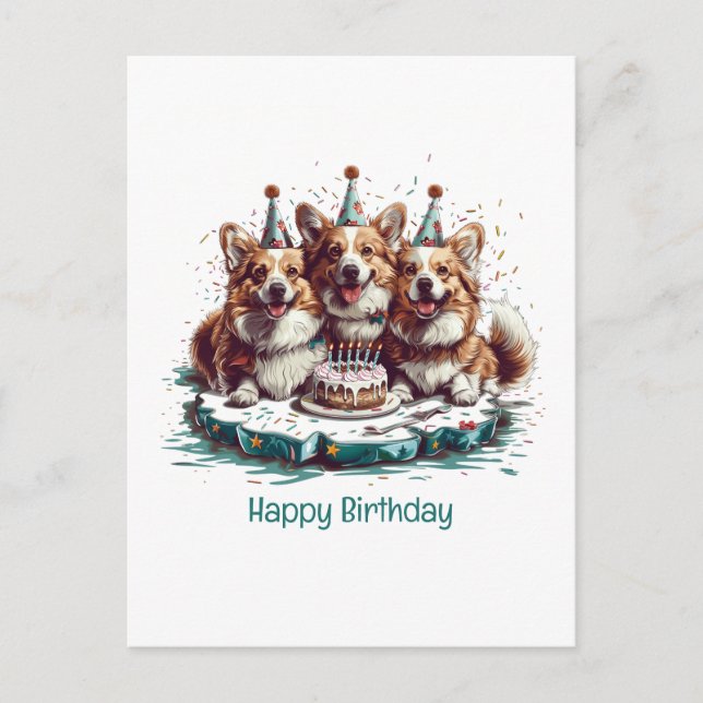 Cartão Postal Feliz Aniversário Cães Pembroke Welsh Corgi (Frente)