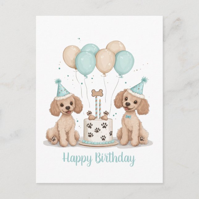 Cartão Postal Feliz Aniversário Cães Poodle Padrão (Frente)