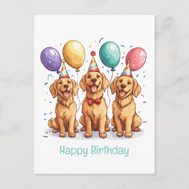 Cartão Postal Feliz Aniversário Cães Retriever Dourado (Frente)