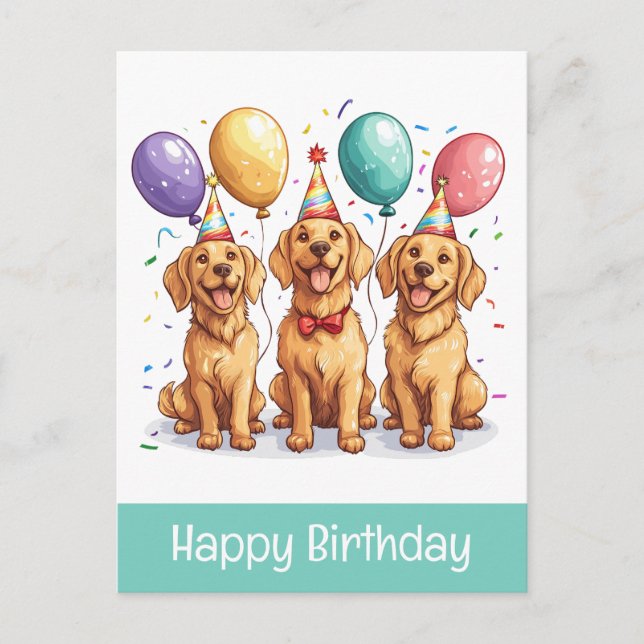 Cartão Postal Feliz Aniversário Cães Retriever Dourados (Frente)