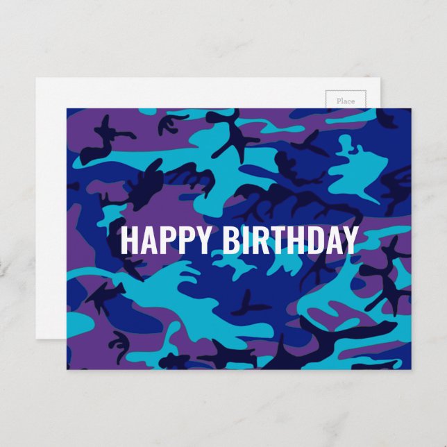 Cartão Postal Feliz Aniversário Camuflagem Azul Escuro e Roxo (Frente/Verso)