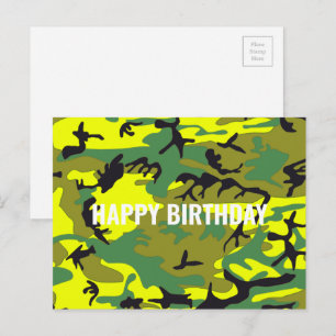 Cartão Postal Feliz Aniversário Camuflagem Verde Amarelo Abstrat